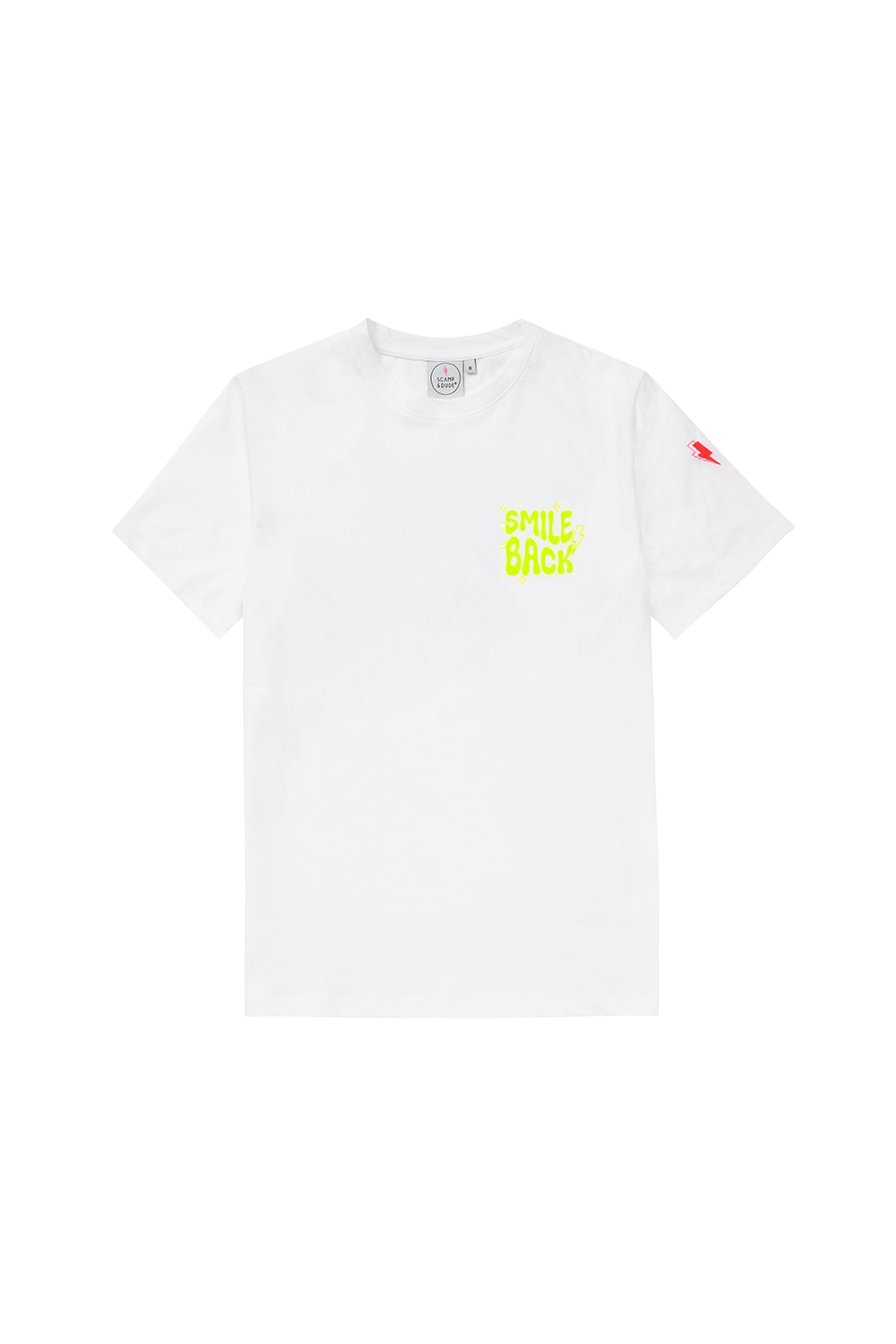 Scamp and Dude White with Neon Yellow Smile Back Slogan T-Shirt | Product image of White with Neon Yellow Smile Back Slogan T-Shirt on white background