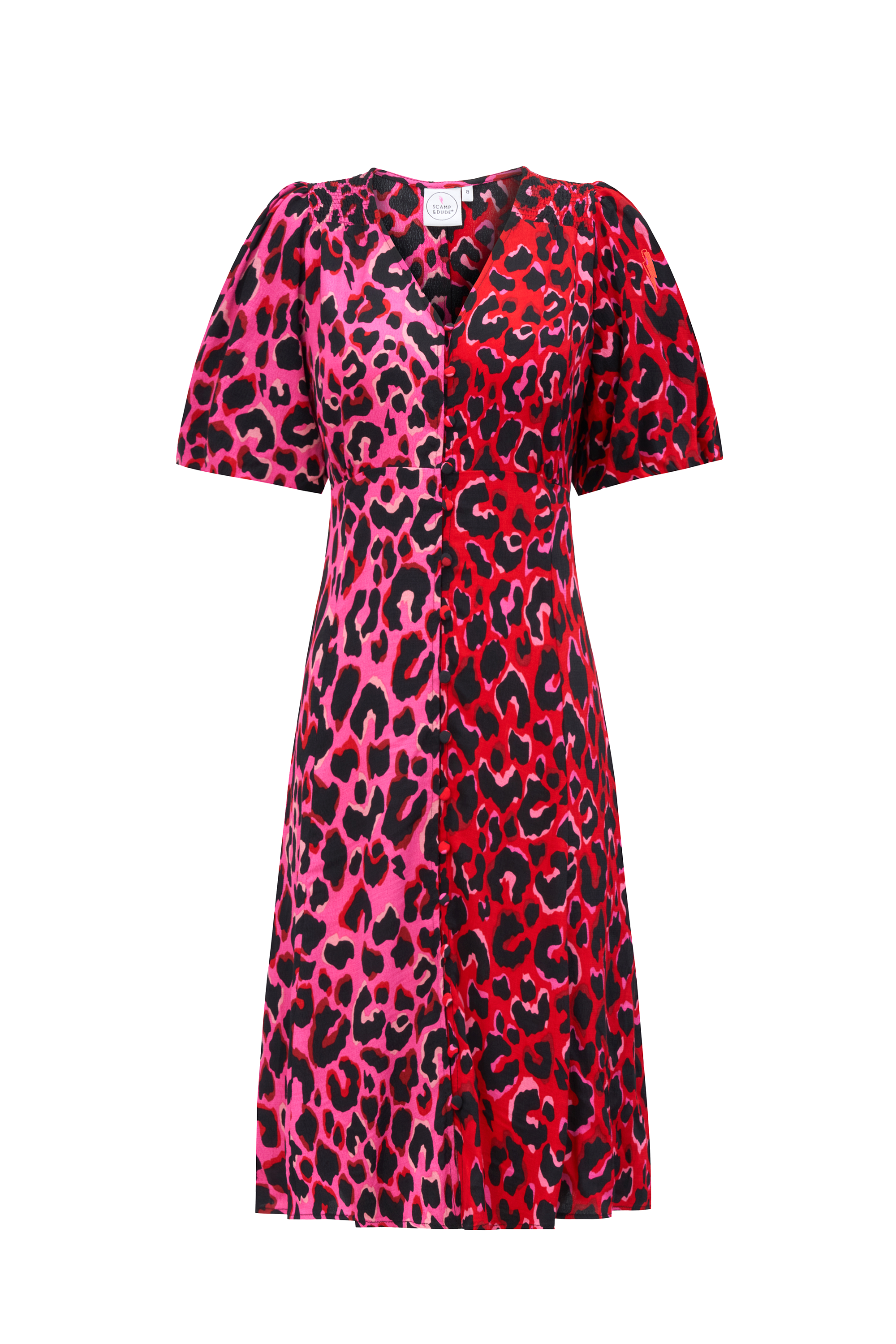 Scamp and Dude Red with Pink and Black Mix and Match Pop Leopard Puff Sleeve Short Tea Dress | Product image of Red with Pink and Black Mix and Match Pop Leopard Puff Sleeve Short Tea Dress on white background