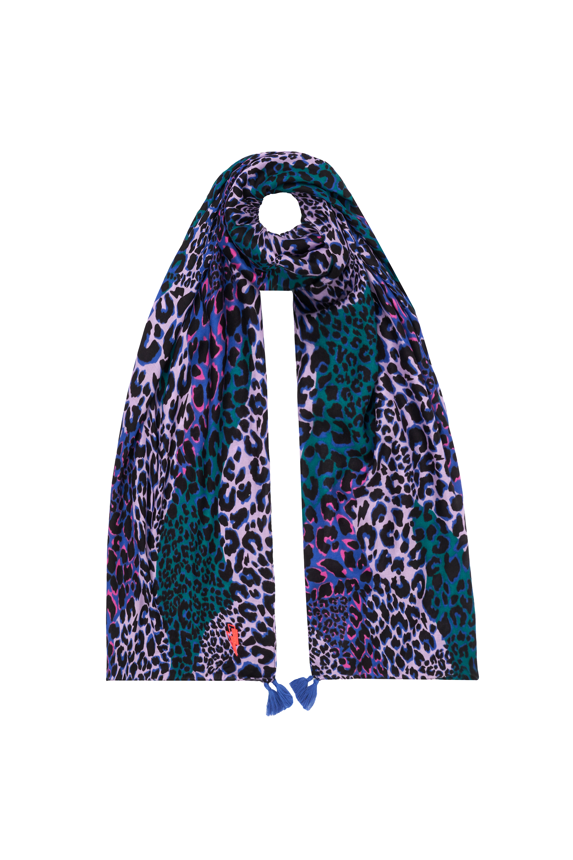 Scamp and Dude Blue with Green and Lilac Spliced Leopard Charity Super Scarf | Product image of Blue with Green and Lilac Spliced Leopard Charity Super Scarf on white background