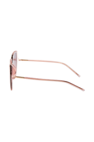 Blush pink oversized '70s style sunglasses with Scamp & Dude text and lightning bolt logo on the arm in white